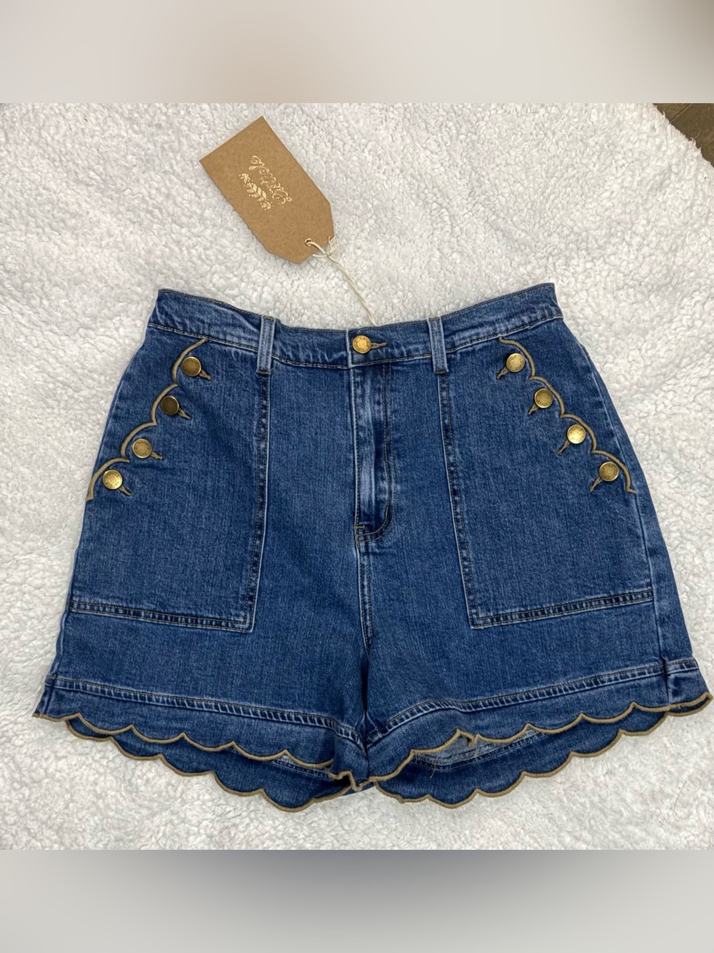 Listicle Dark Blue Scalloped Hem Denim Shorts with Gold Accents
